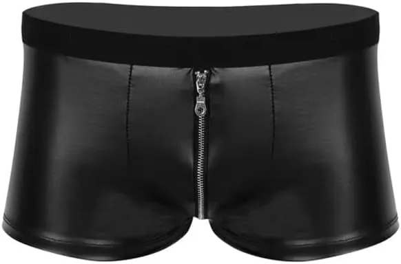 1pcs Wet Look Leather Panties Mens Zipper Open Crotch Pants Sissy Men Boxer Shorts Bulge Pouch Low Rise Briefs Underwear,Black,XXL