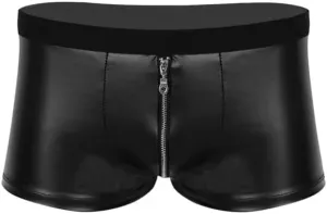 1pcs Wet Look Leather Panties Mens Zipper Open Crotch Pants Sissy Men Boxer Shorts Bulge Pouch Low Rise Briefs Underwear,Black,XXL