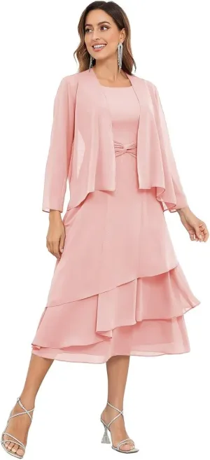 2 Piece Mother of The Bride Dresses for Wedding with Jacket Tea Length Chiffon Formal Evening Gown