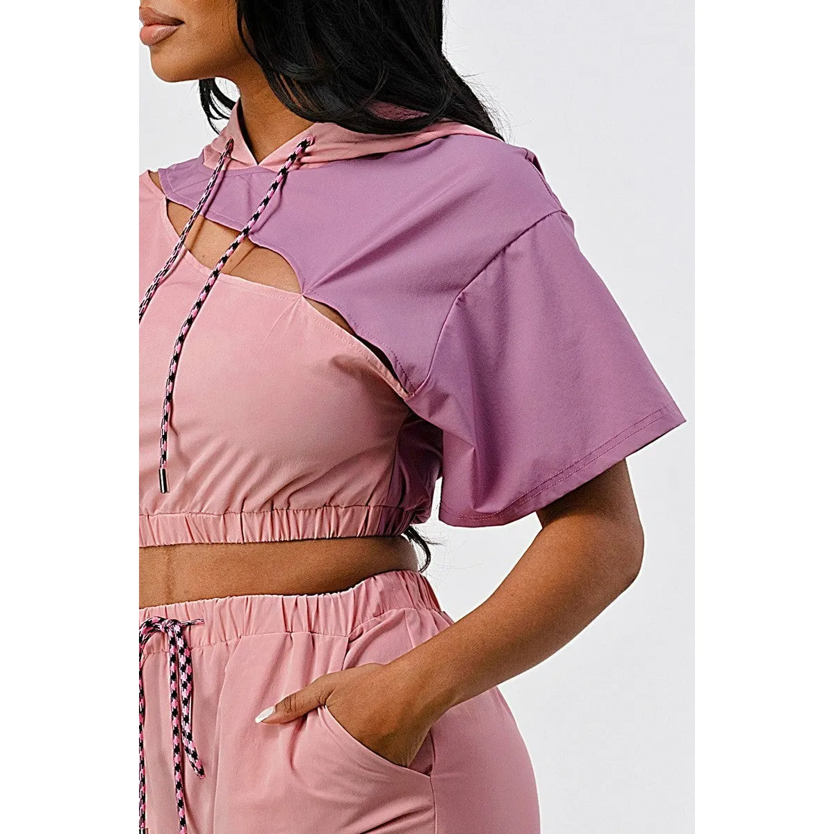 2 Piece Pants Set In Color Block with Hooded Top and Detachable Bottom Part