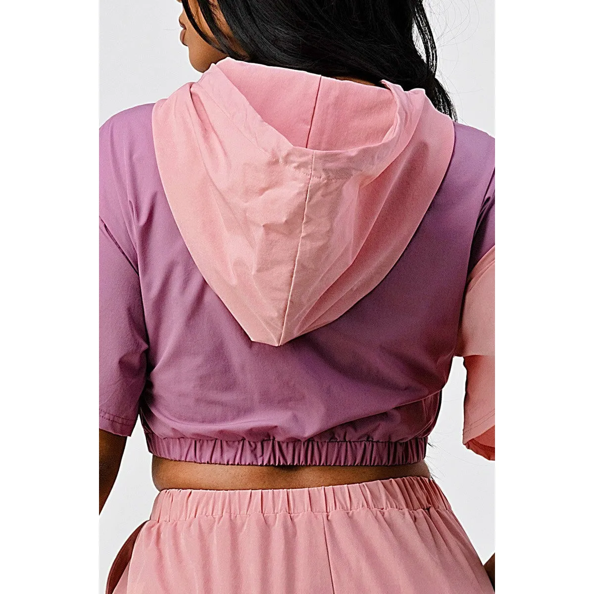 2 Piece Pants Set In Color Block with Hooded Top and Detachable Bottom Part