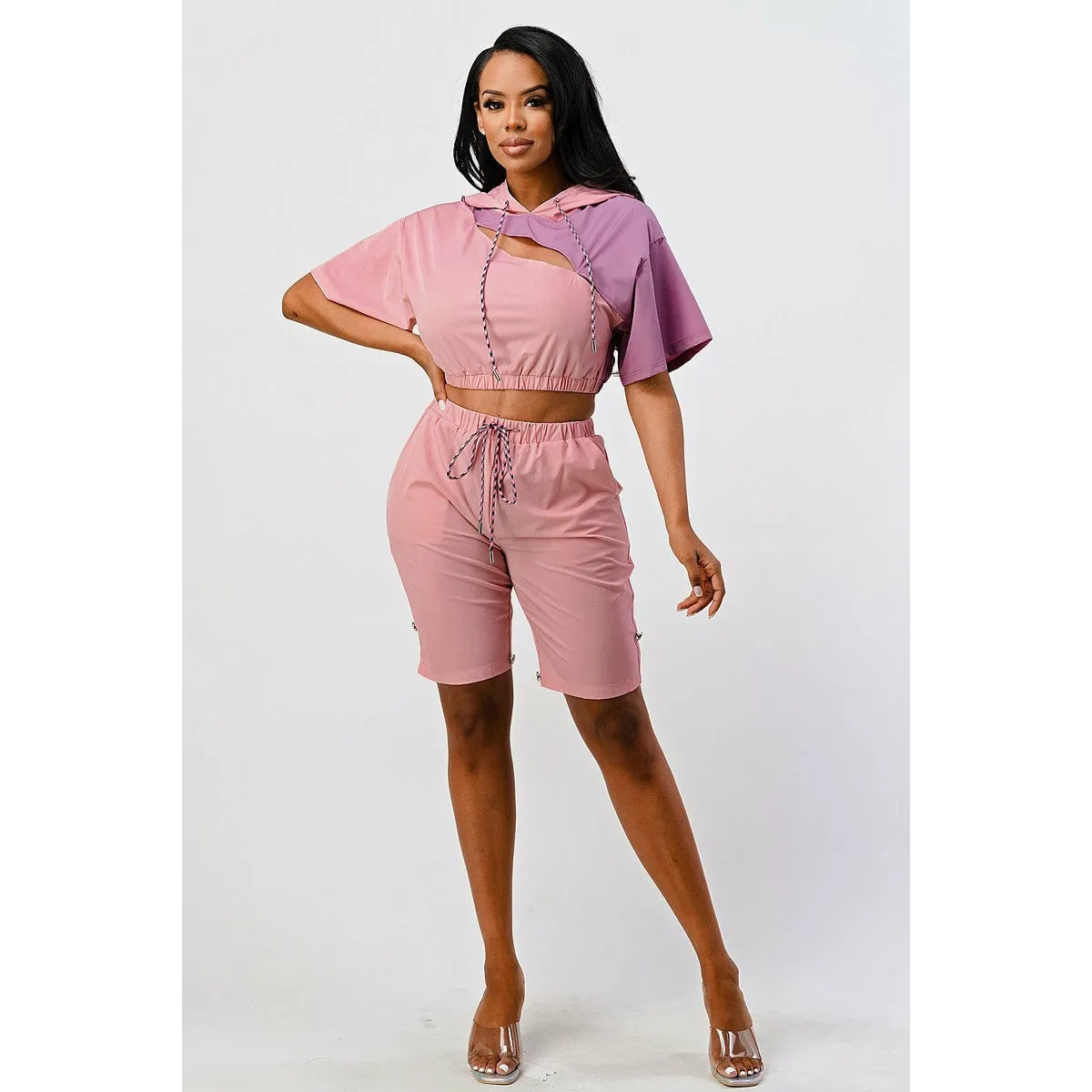2 Piece Pants Set In Color Block with Hooded Top and Detachable Bottom Part