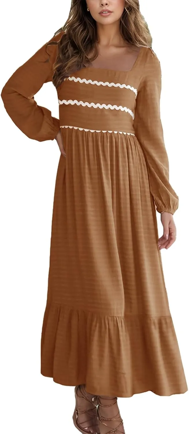 2025 Spring Summer Womens Square Neck Maxi Dress Smoked Long Sleeve Ruffle Hem Flowy Long Maxi Dress