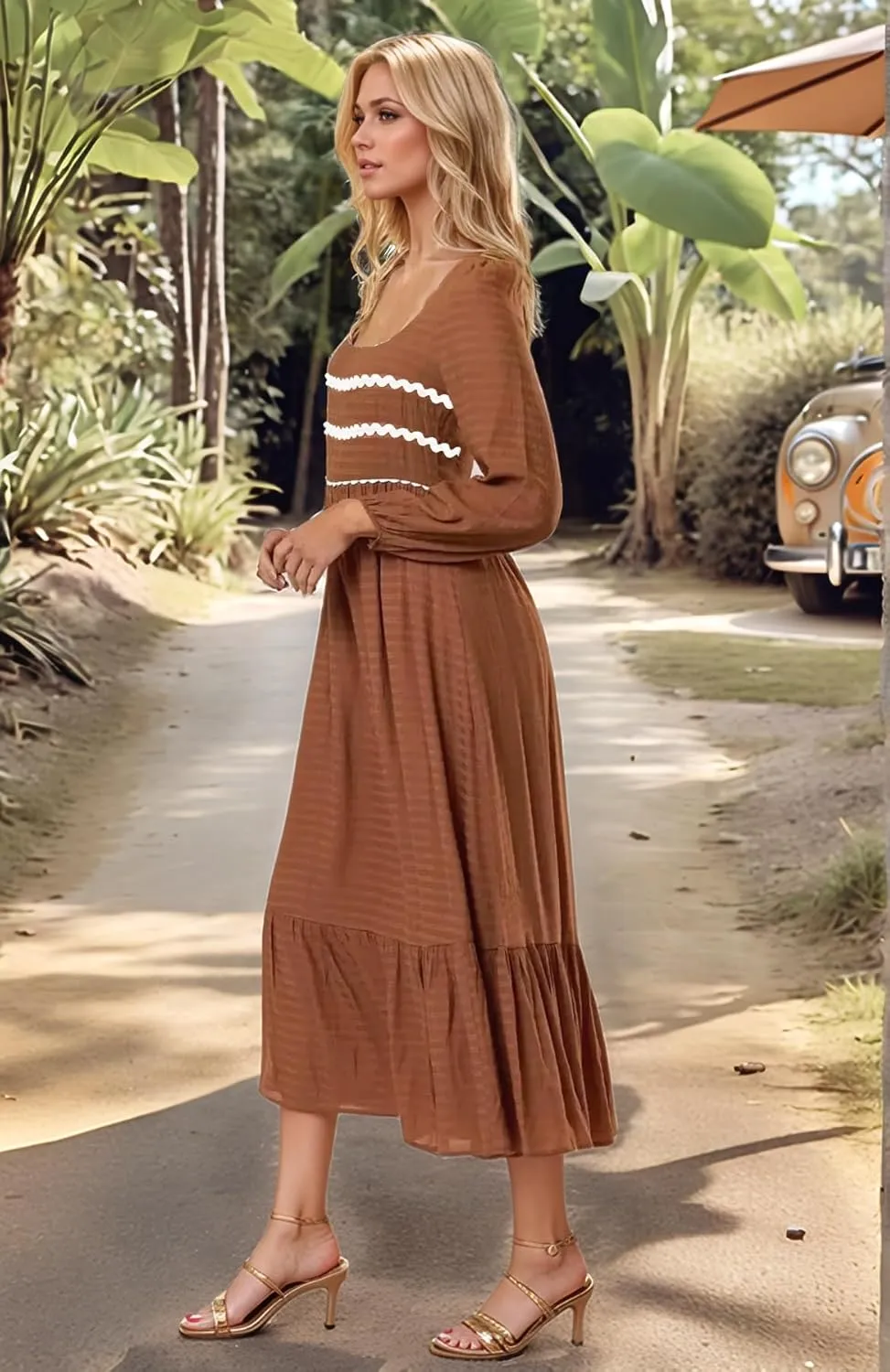 2025 Spring Summer Womens Square Neck Maxi Dress Smoked Long Sleeve Ruffle Hem Flowy Long Maxi Dress