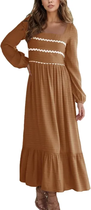 2025 Spring Summer Womens Square Neck Maxi Dress Smoked Long Sleeve Ruffle Hem Flowy Long Maxi Dress