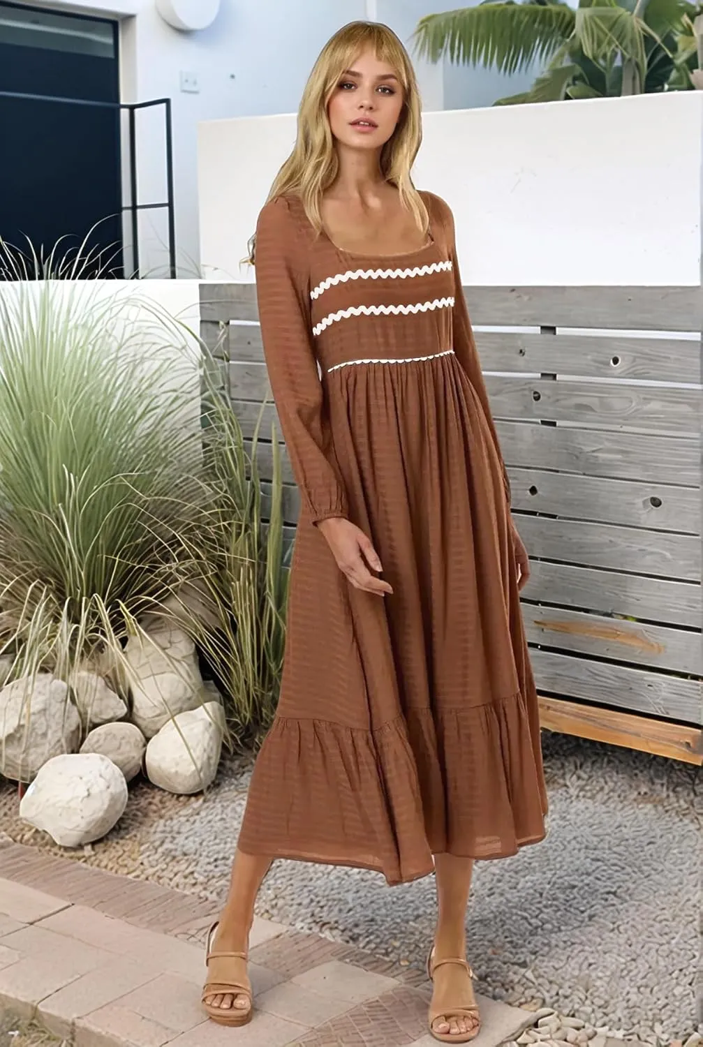 2025 Spring Summer Womens Square Neck Maxi Dress Smoked Long Sleeve Ruffle Hem Flowy Long Maxi Dress