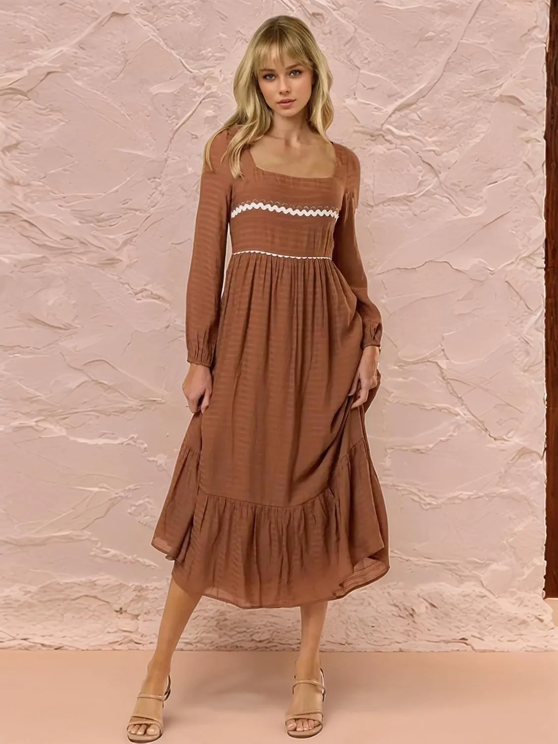 2025 Spring Summer Womens Square Neck Maxi Dress Smoked Long Sleeve Ruffle Hem Flowy Long Maxi Dress