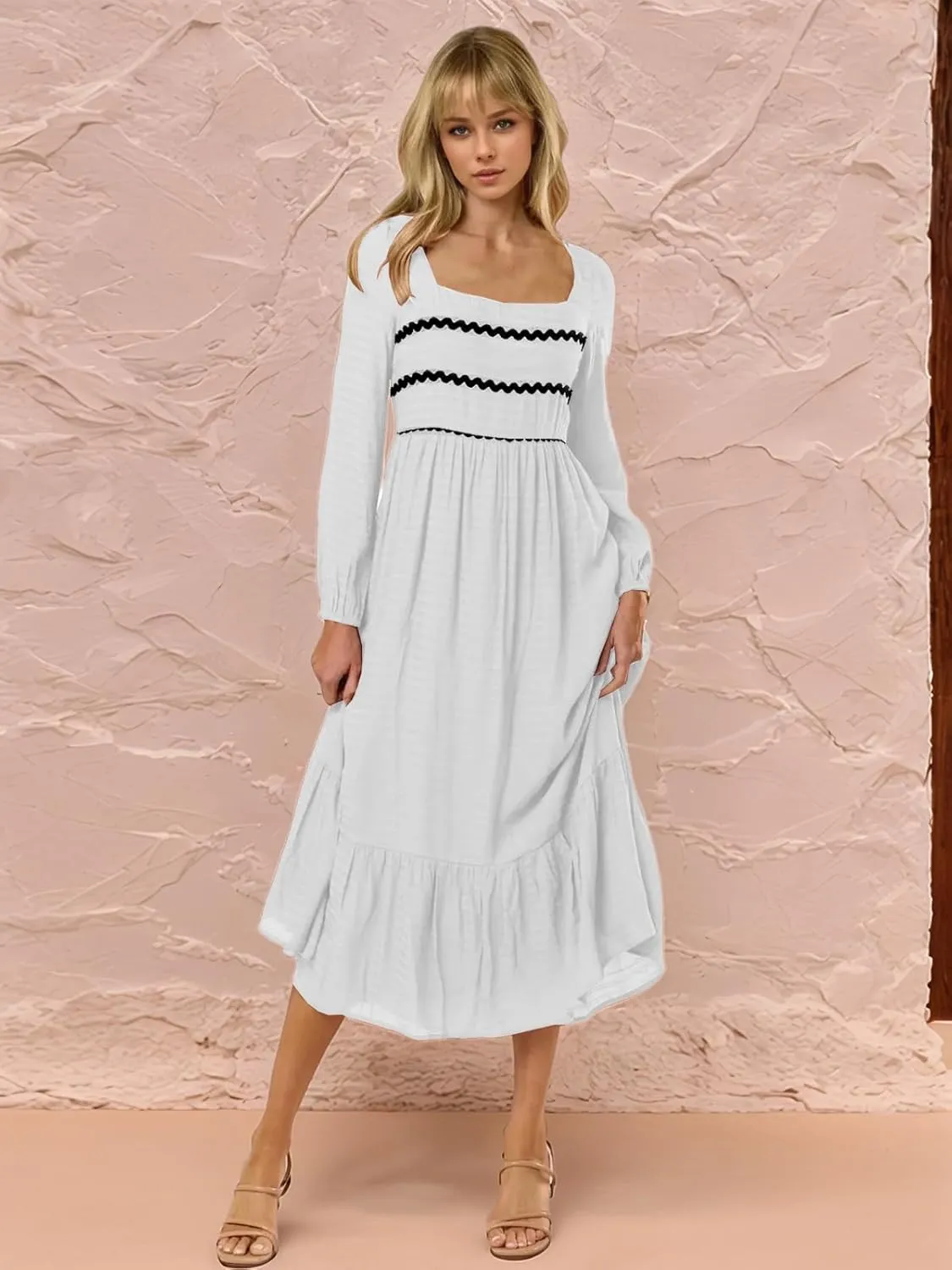 2025 Spring Summer Womens Square Neck Maxi Dress Smoked Long Sleeve Ruffle Hem Flowy Long Maxi Dress