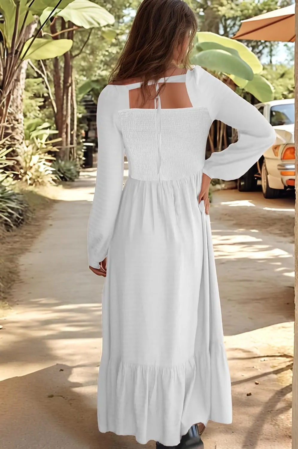 2025 Spring Summer Womens Square Neck Maxi Dress Smoked Long Sleeve Ruffle Hem Flowy Long Maxi Dress