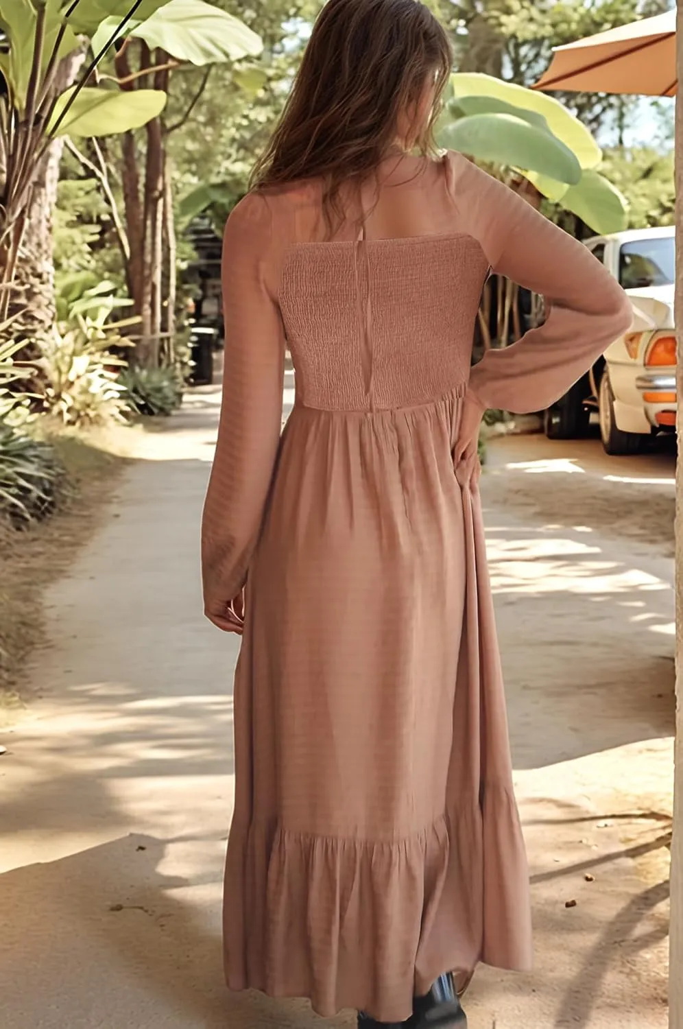 2025 Spring Summer Womens Square Neck Maxi Dress Smoked Long Sleeve Ruffle Hem Flowy Long Maxi Dress