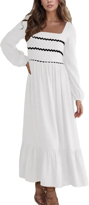 2025 Spring Summer Womens Square Neck Maxi Dress Smoked Long Sleeve Ruffle Hem Flowy Long Maxi Dress