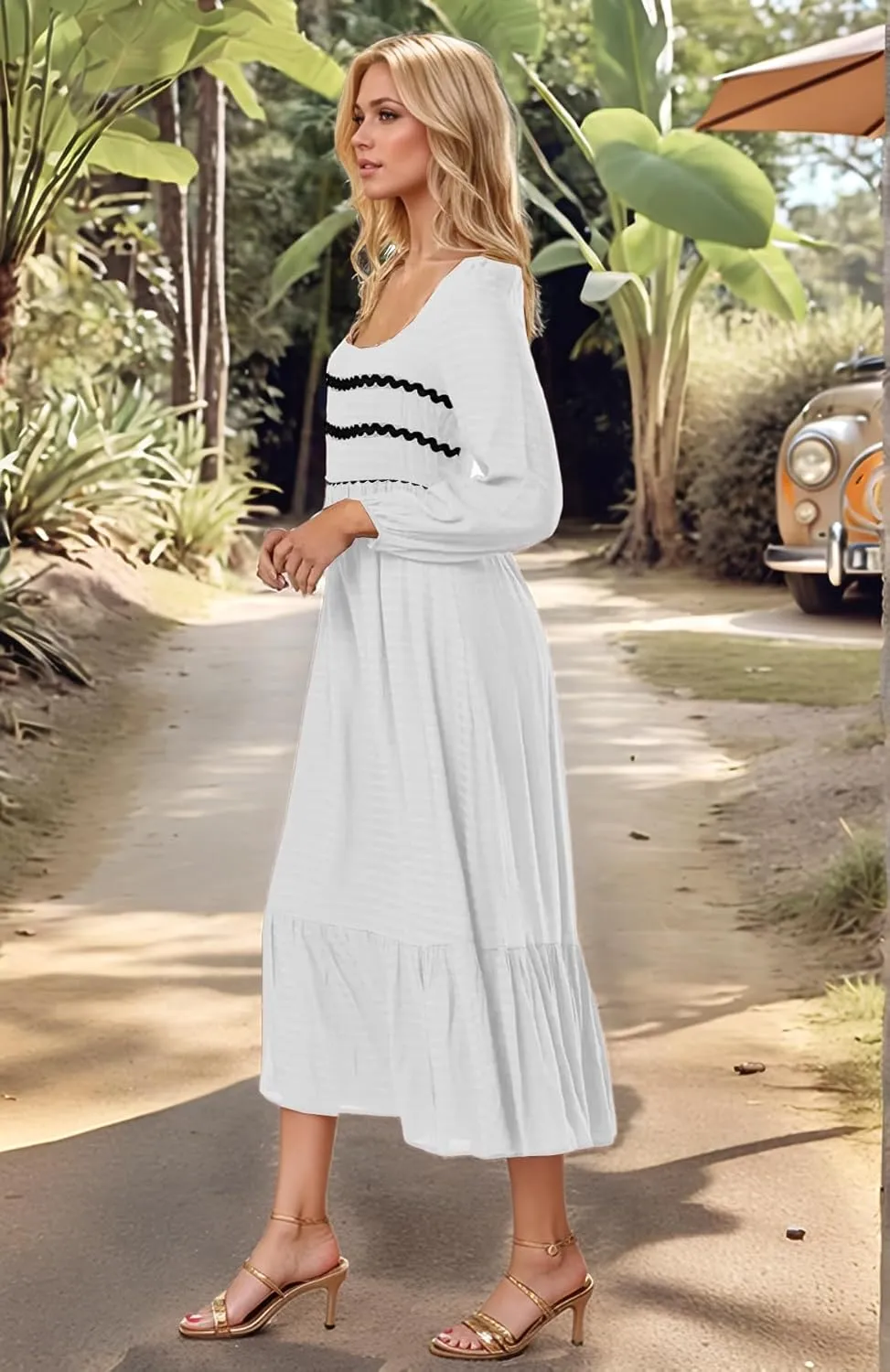 2025 Spring Summer Womens Square Neck Maxi Dress Smoked Long Sleeve Ruffle Hem Flowy Long Maxi Dress