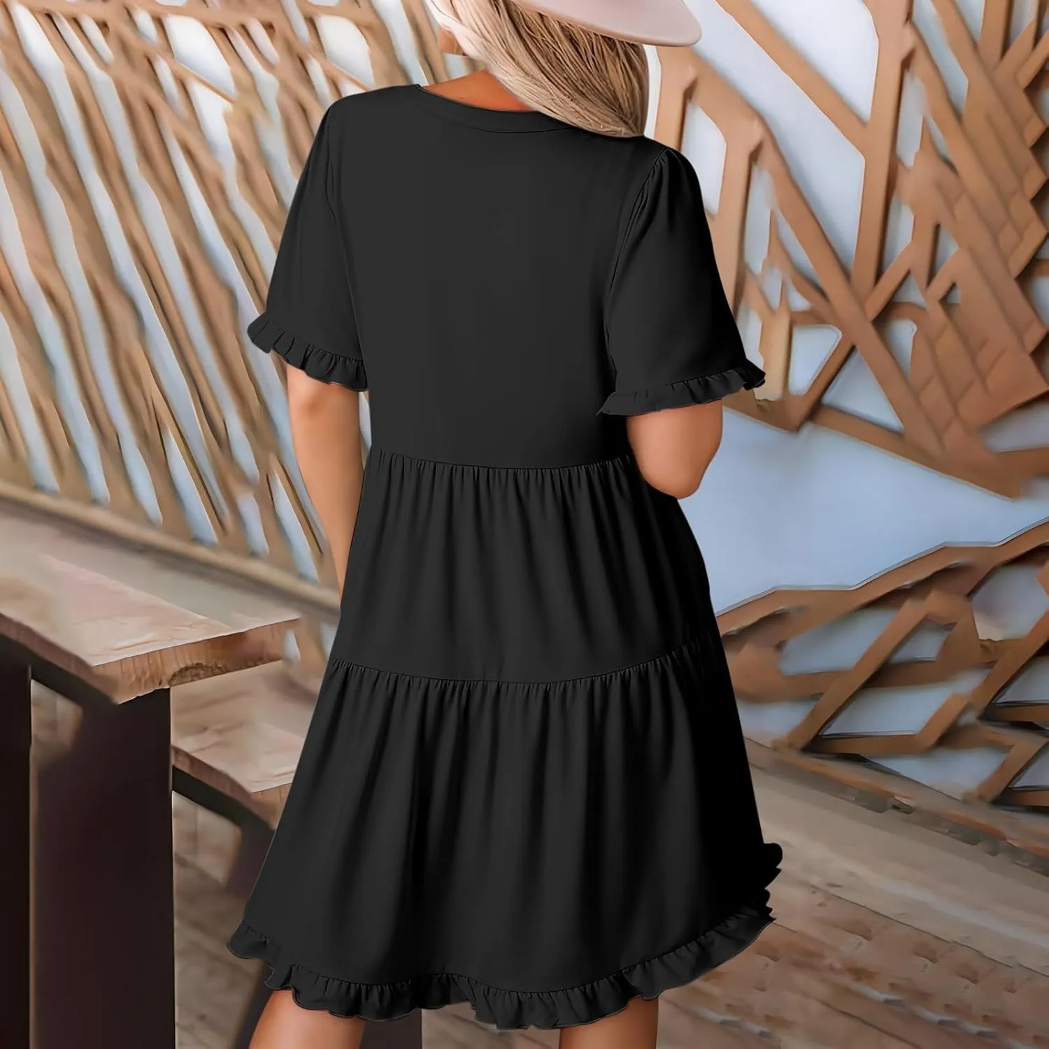 2025 Women Dresses Spring Summer V Neck Ruffle Short Sleeve Casual A-Line Flowy Dress Babydoll Shift Dress Mini Dress