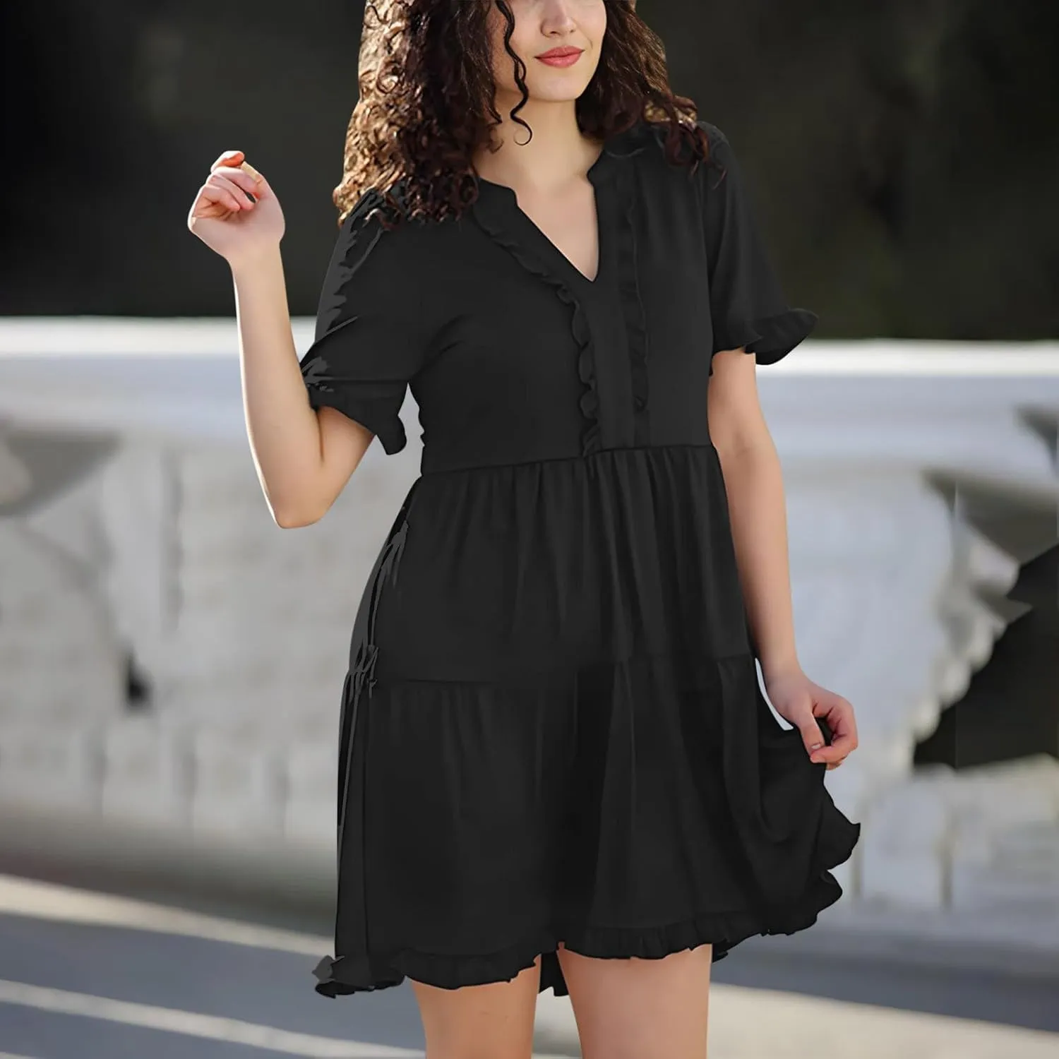 2025 Women Dresses Spring Summer V Neck Ruffle Short Sleeve Casual A-Line Flowy Dress Babydoll Shift Dress Mini Dress