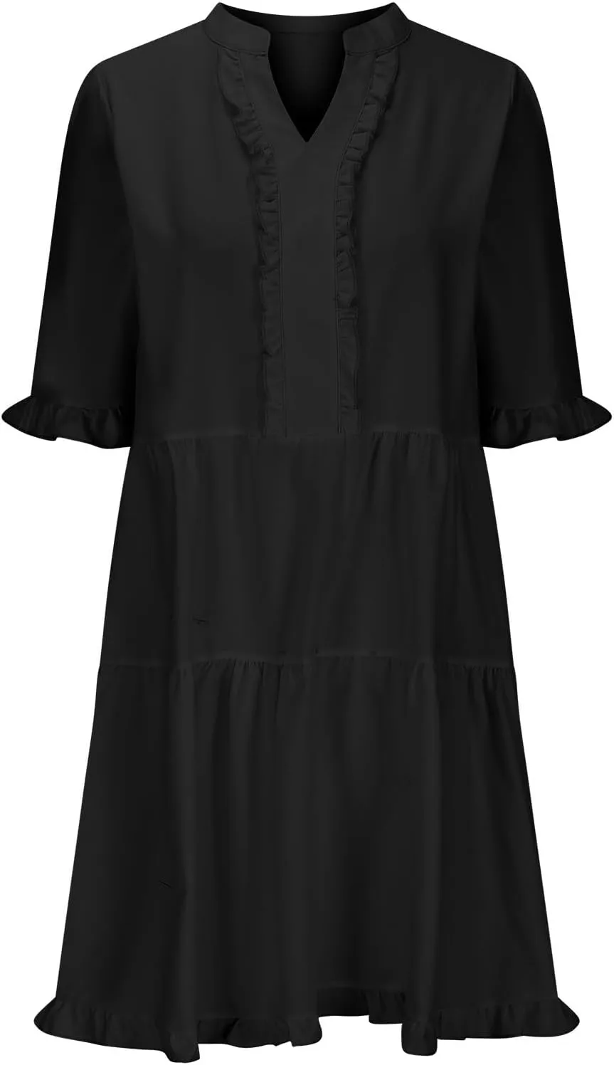 2025 Women Dresses Spring Summer V Neck Ruffle Short Sleeve Casual A-Line Flowy Dress Babydoll Shift Dress Mini Dress