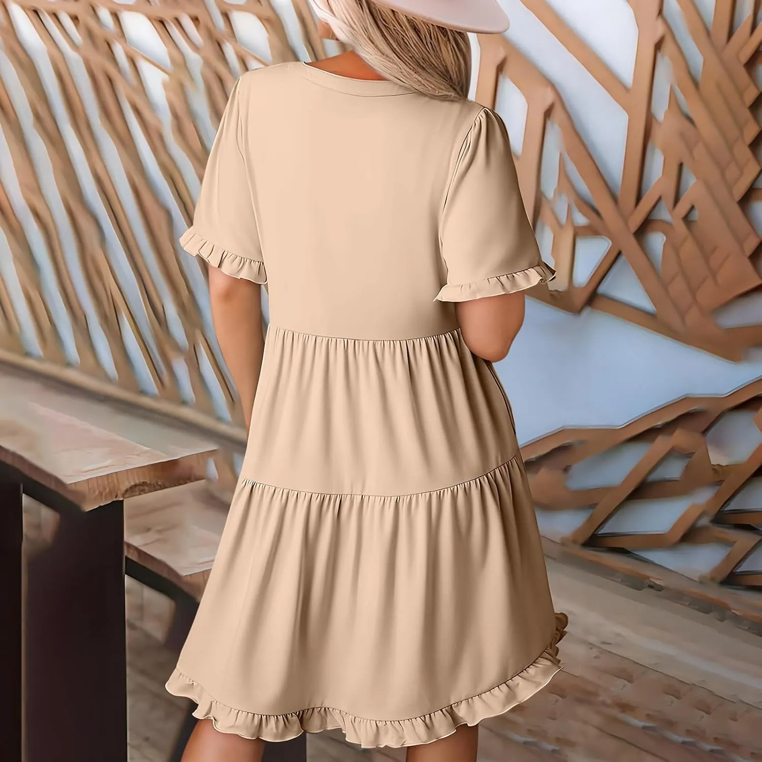 2025 Women Dresses Spring Summer V Neck Ruffle Short Sleeve Casual A-Line Flowy Dress Babydoll Shift Dress Mini Dress