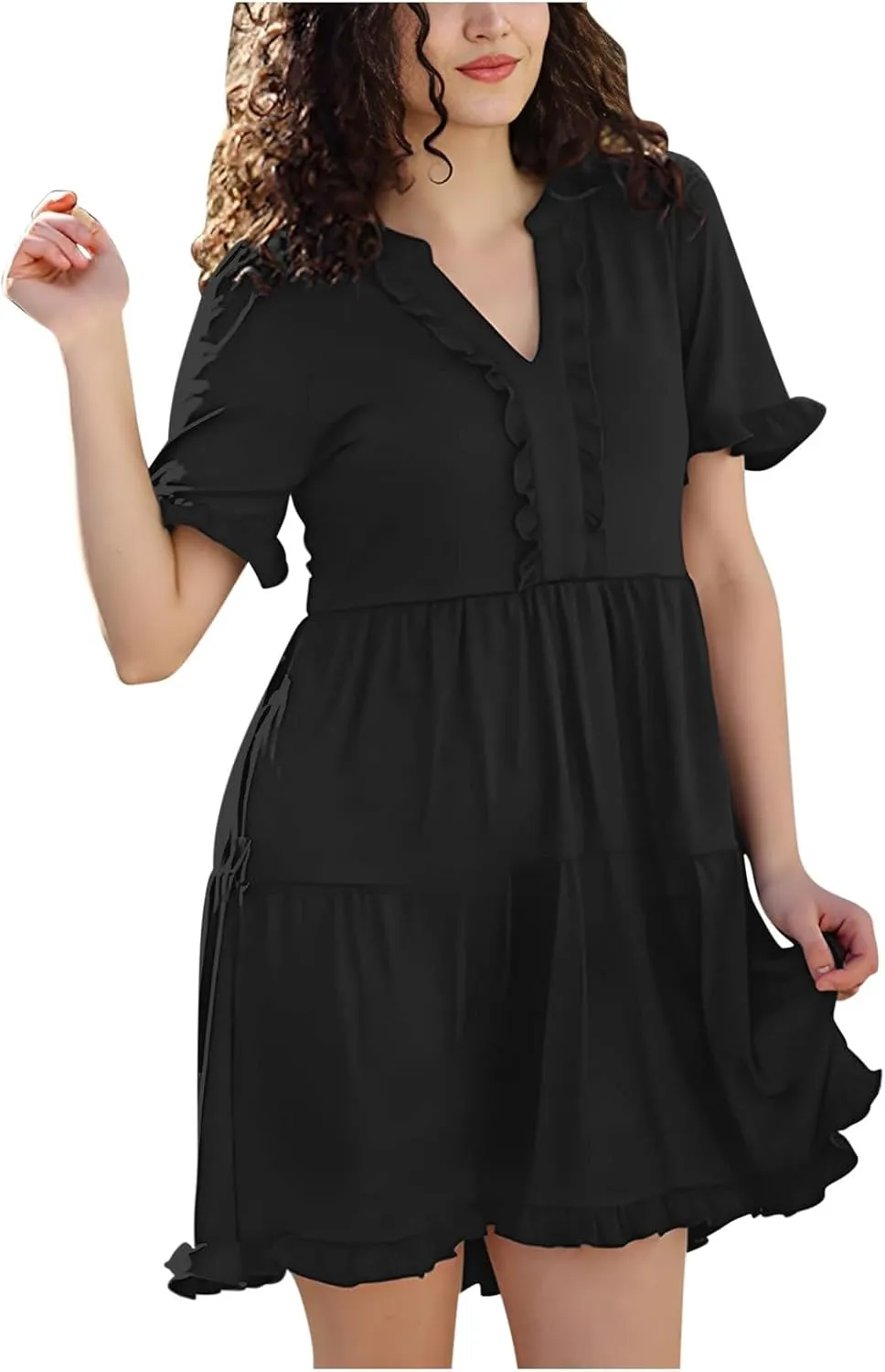 2025 Women Dresses Spring Summer V Neck Ruffle Short Sleeve Casual A-Line Flowy Dress Babydoll Shift Dress Mini Dress