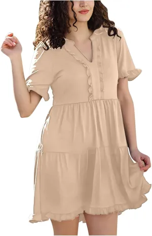 2025 Women Dresses Spring Summer V Neck Ruffle Short Sleeve Casual A-Line Flowy Dress Babydoll Shift Dress Mini Dress