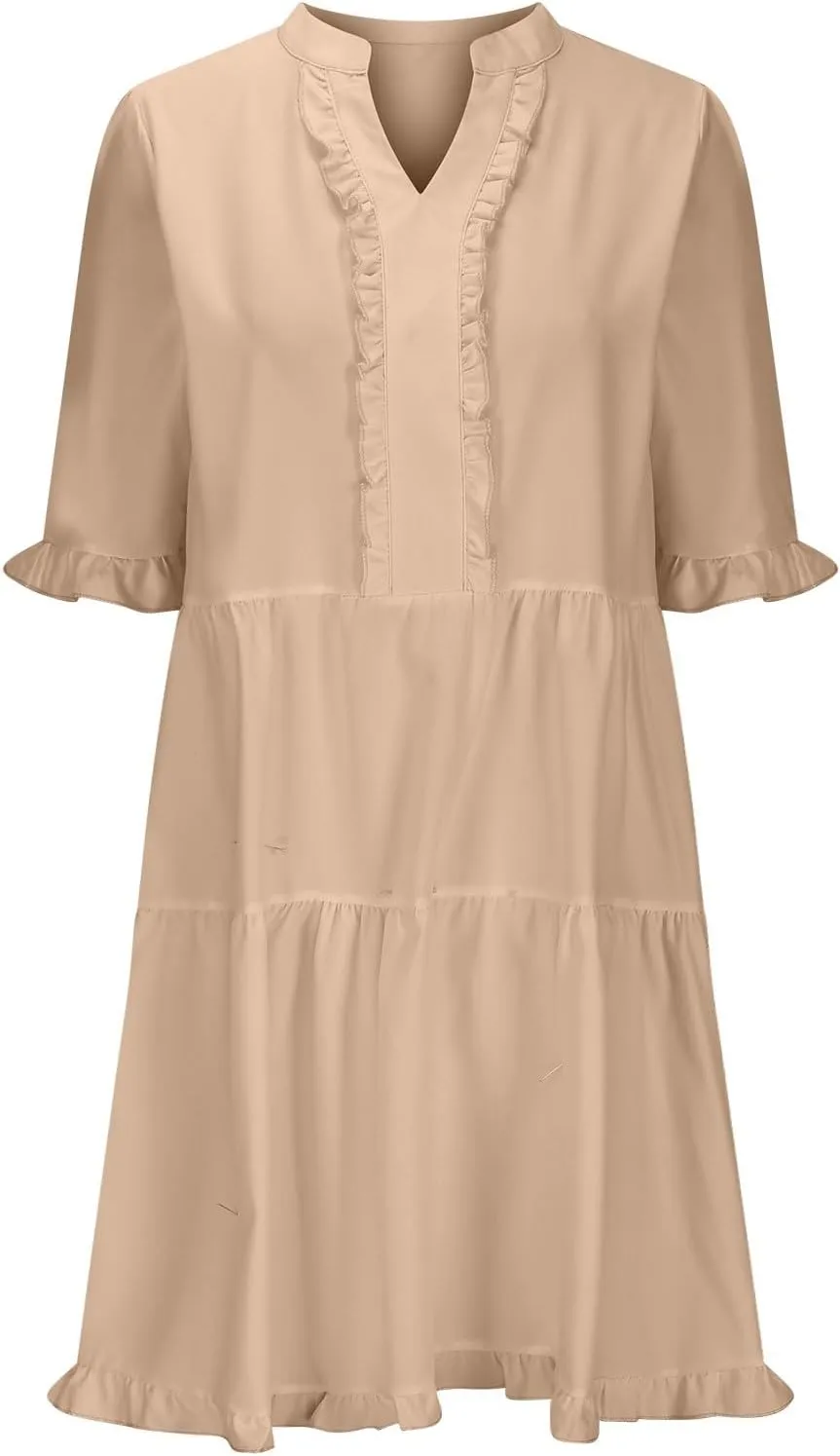 2025 Women Dresses Spring Summer V Neck Ruffle Short Sleeve Casual A-Line Flowy Dress Babydoll Shift Dress Mini Dress