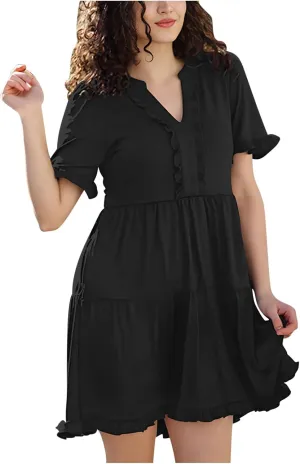 2025 Women Dresses Spring Summer V Neck Ruffle Short Sleeve Casual A-Line Flowy Dress Babydoll Shift Dress Mini Dress