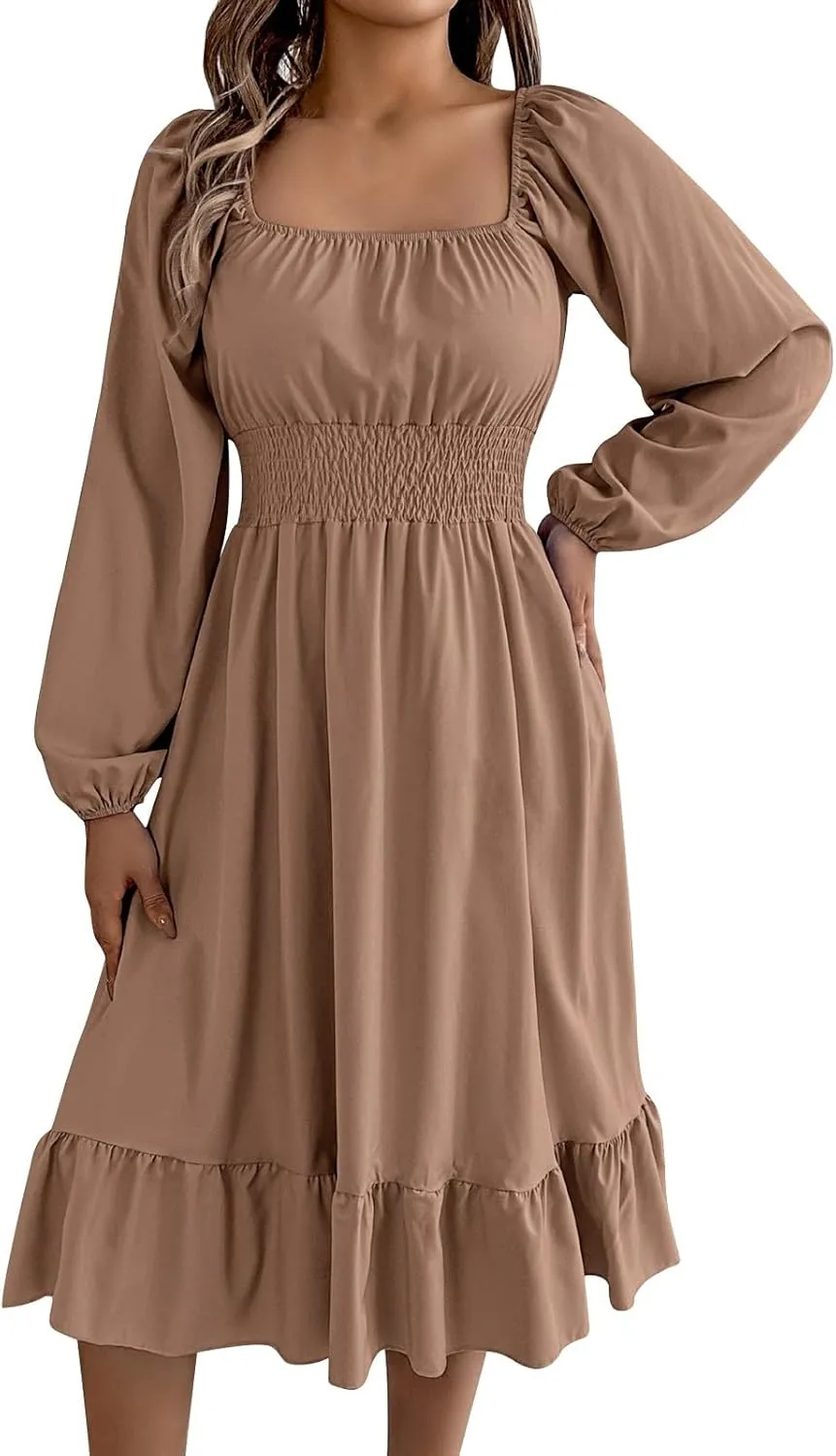 2025 Women Summer Dress Long Lantern Sleeve Square Neck Backless Sexy Dress Ruffle Elastic Waist A-Line Mini Dresses