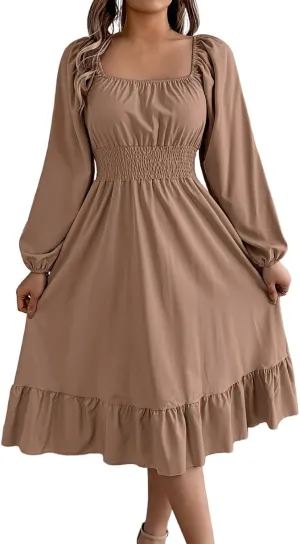 2025 Women Summer Dress Long Lantern Sleeve Square Neck Backless Sexy Dress Ruffle Elastic Waist A-Line Mini Dresses