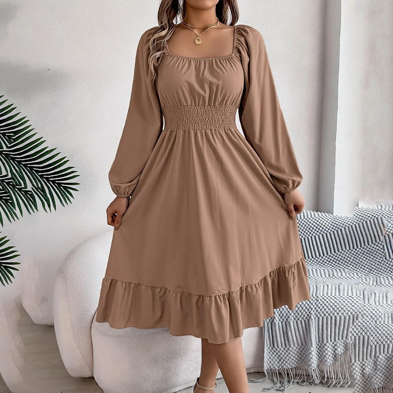 2025 Women Summer Dress Long Lantern Sleeve Square Neck Backless Sexy Dress Ruffle Elastic Waist A-Line Mini Dresses