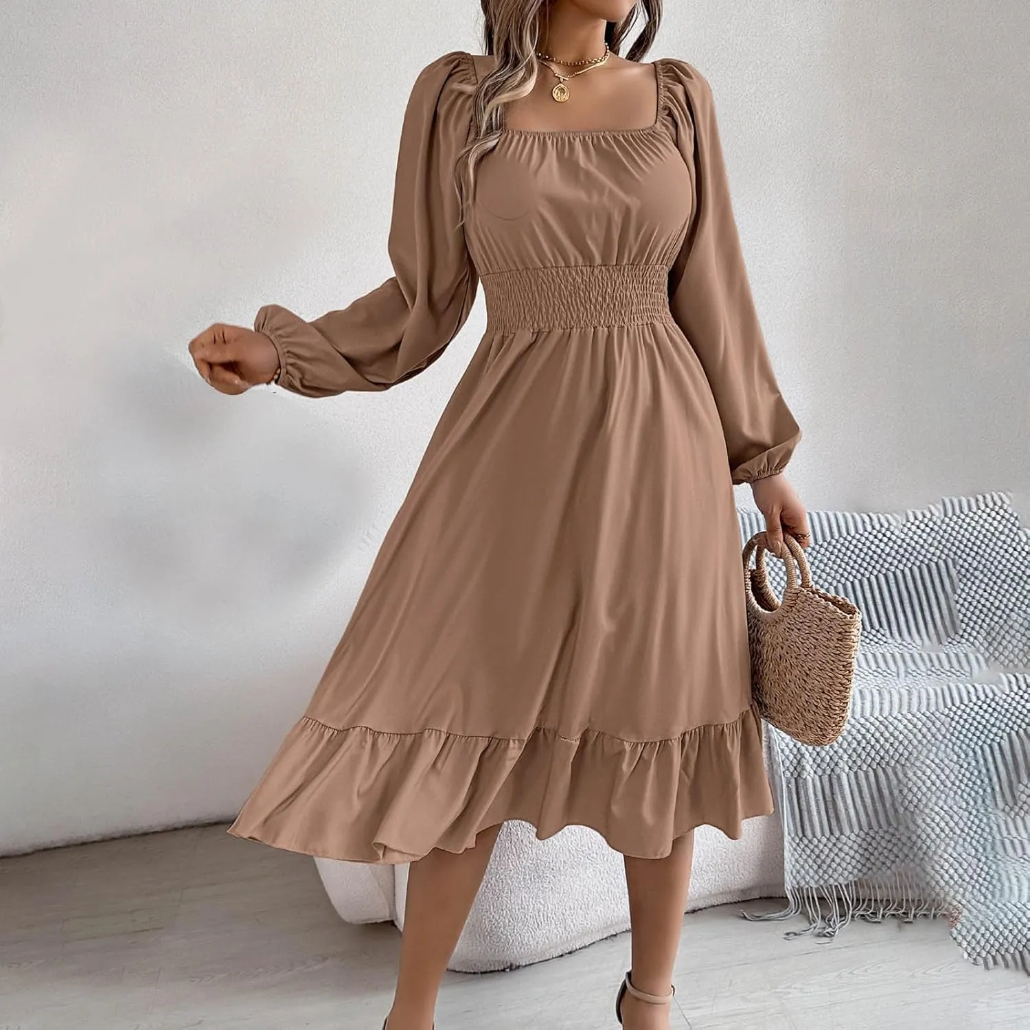 2025 Women Summer Dress Long Lantern Sleeve Square Neck Backless Sexy Dress Ruffle Elastic Waist A-Line Mini Dresses