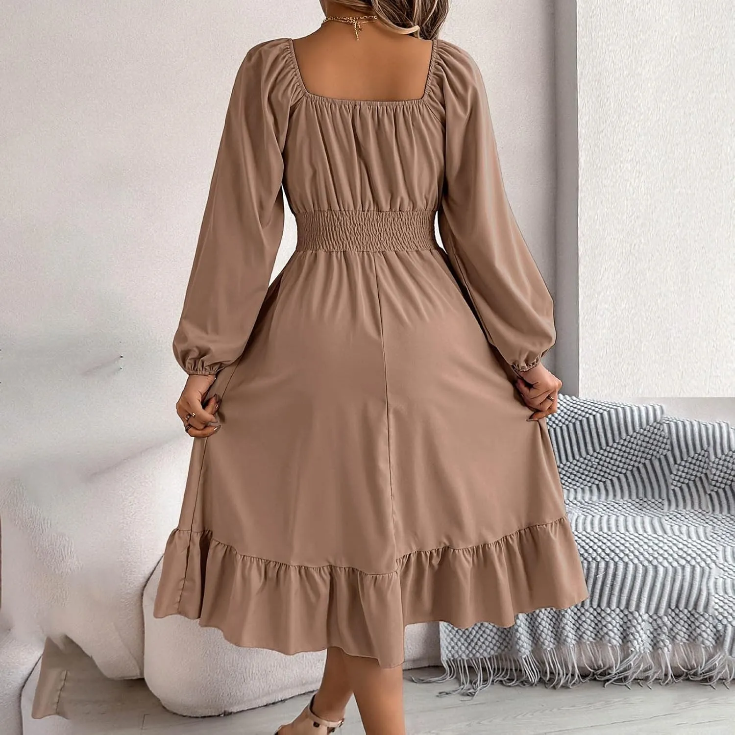 2025 Women Summer Dress Long Lantern Sleeve Square Neck Backless Sexy Dress Ruffle Elastic Waist A-Line Mini Dresses