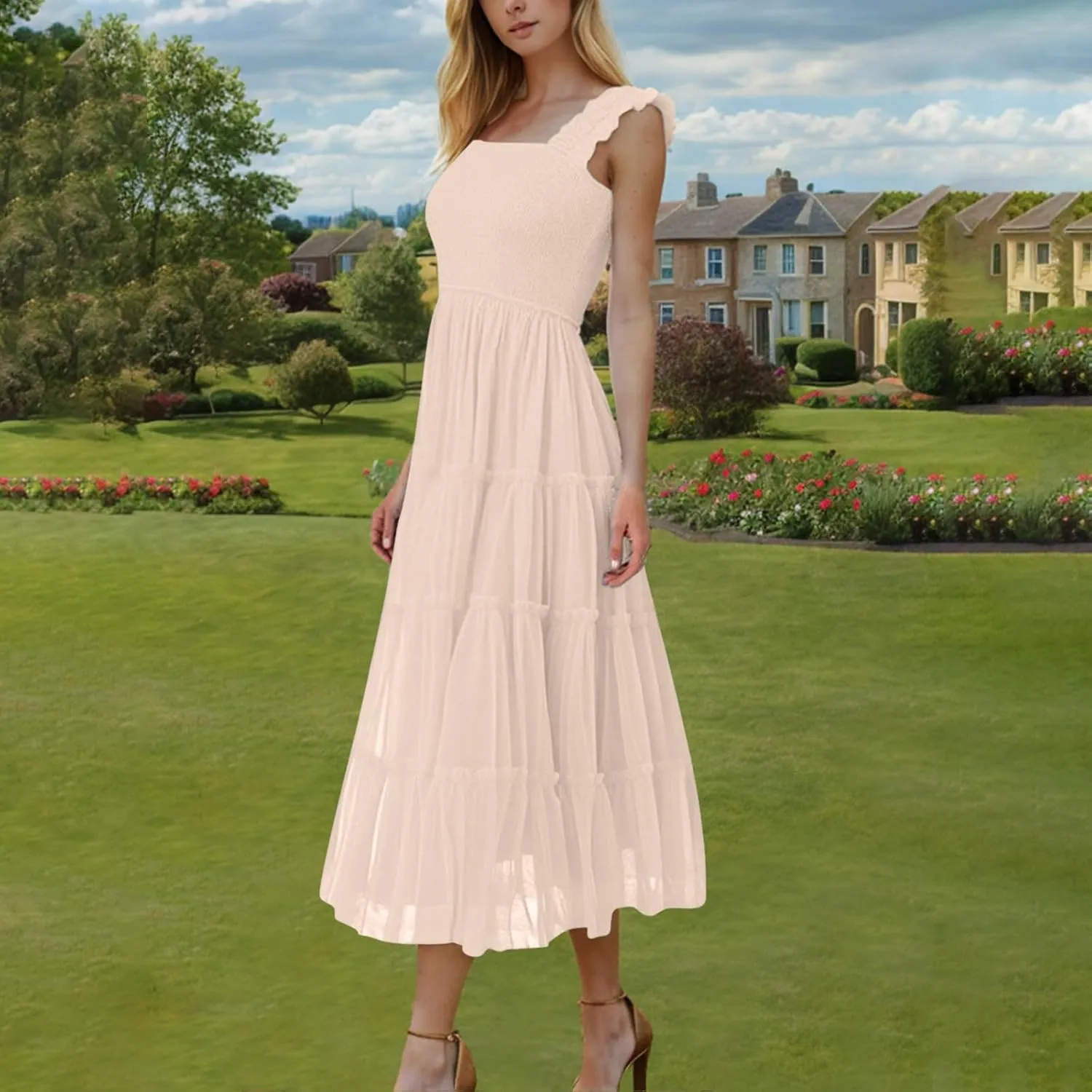 2025 Women Summer Midi Tulle Dress Sleeveless Smocked Square Neck Ruffle Flowy Boho Beach Dress Party Guest Sundress