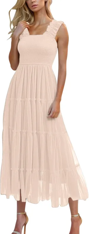 2025 Women Summer Midi Tulle Dress Sleeveless Smocked Square Neck Ruffle Flowy Boho Beach Dress Party Guest Sundress