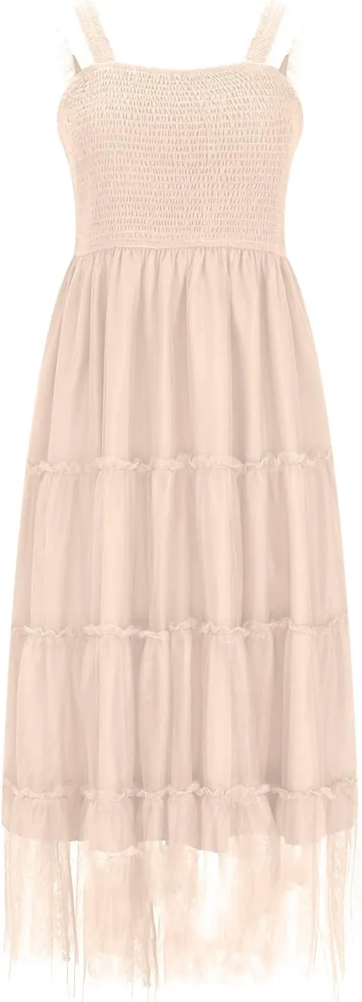 2025 Women Summer Midi Tulle Dress Sleeveless Smocked Square Neck Ruffle Flowy Boho Beach Dress Party Guest Sundress