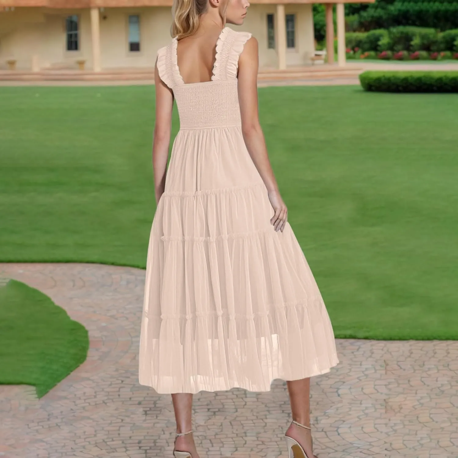 2025 Women Summer Midi Tulle Dress Sleeveless Smocked Square Neck Ruffle Flowy Boho Beach Dress Party Guest Sundress