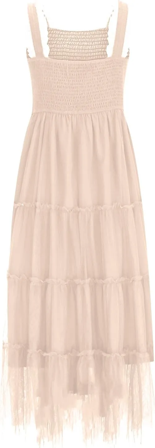 2025 Women Summer Midi Tulle Dress Sleeveless Smocked Square Neck Ruffle Flowy Boho Beach Dress Party Guest Sundress