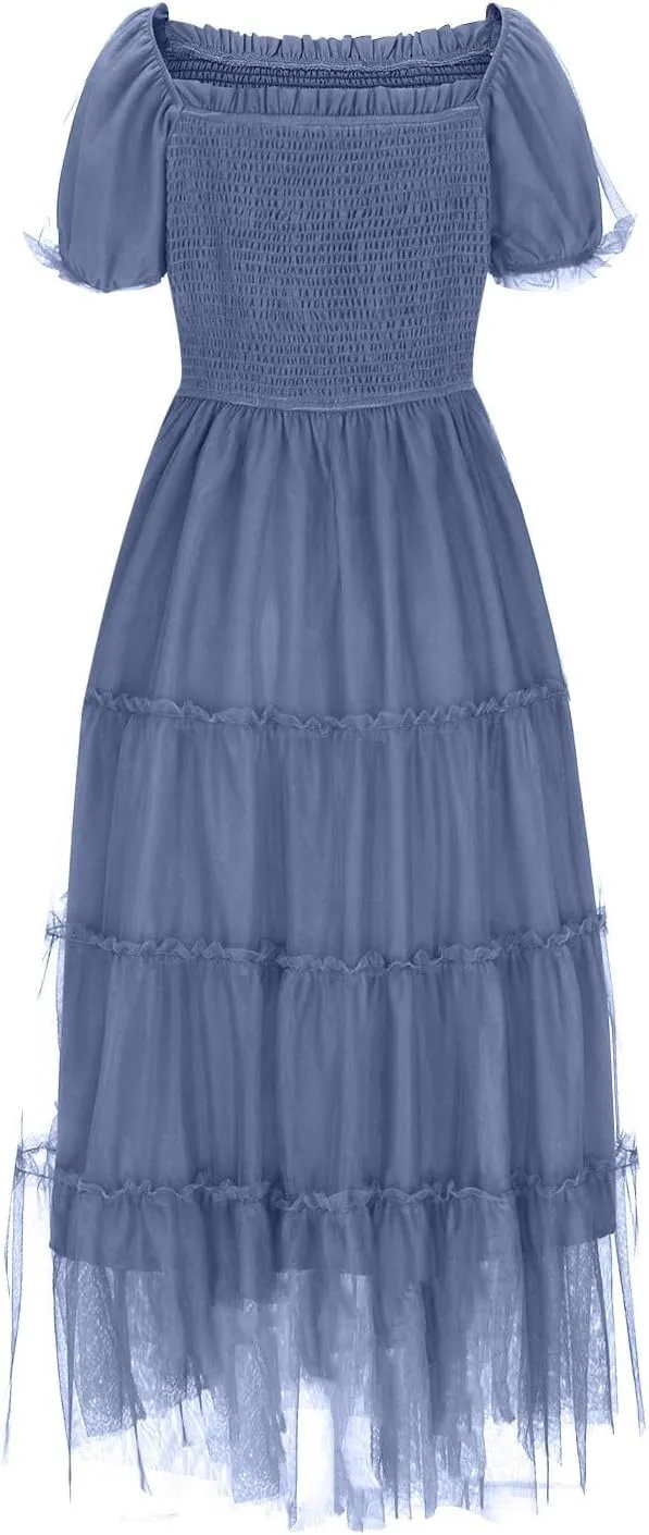 2025 Women's Smocked Midi Tulle Dress Summer Puffy Short Sleeve Square Neck Ruffle Dress Wedding Guest Party Dresses