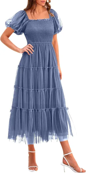2025 Women's Smocked Midi Tulle Dress Summer Puffy Short Sleeve Square Neck Ruffle Dress Wedding Guest Party Dresses