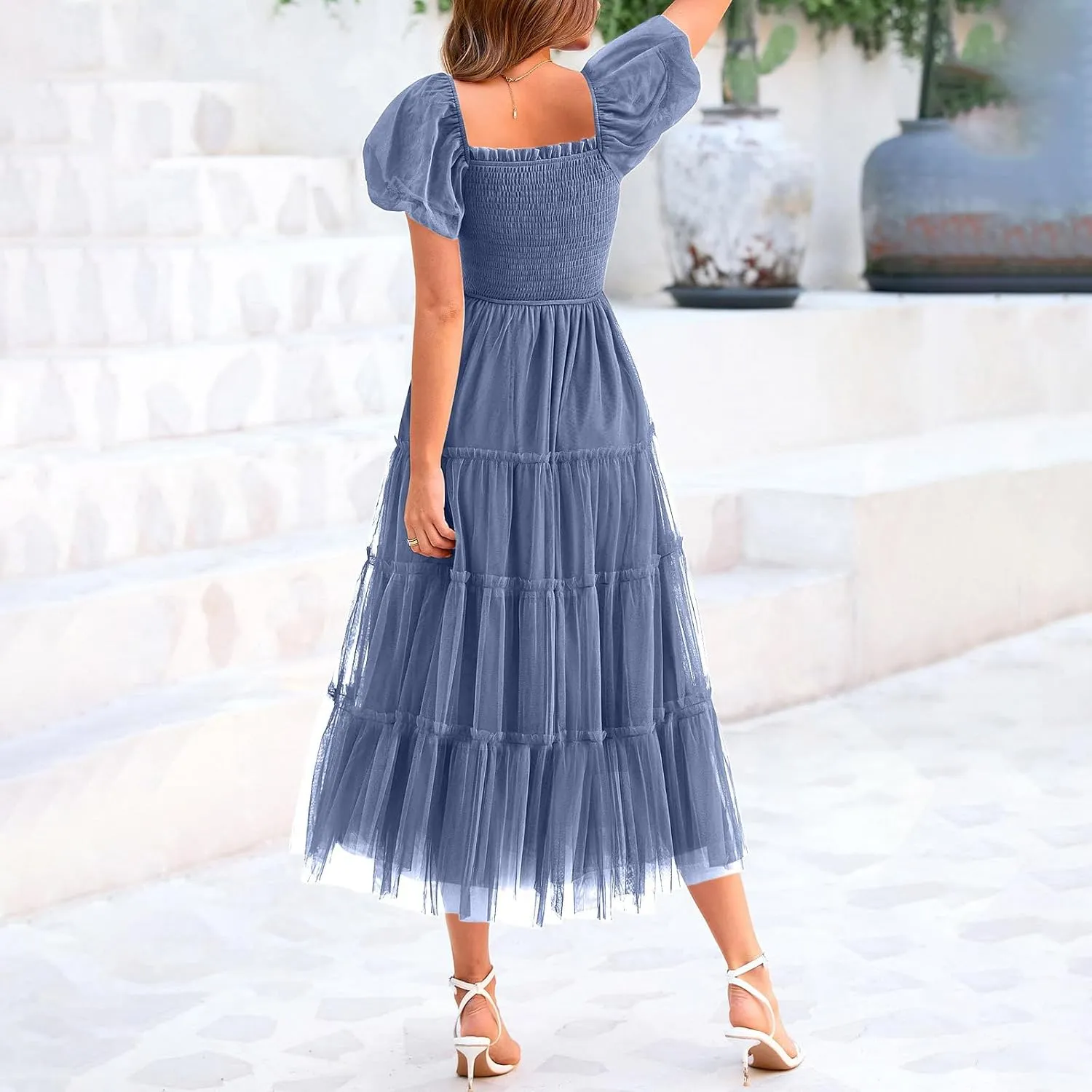 2025 Women's Smocked Midi Tulle Dress Summer Puffy Short Sleeve Square Neck Ruffle Dress Wedding Guest Party Dresses