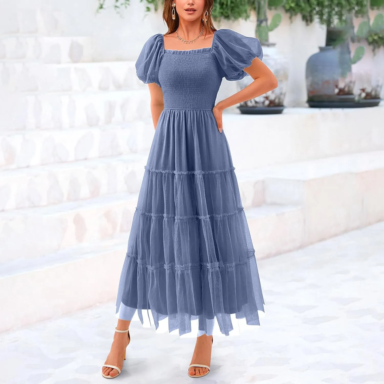 2025 Women's Smocked Midi Tulle Dress Summer Puffy Short Sleeve Square Neck Ruffle Dress Wedding Guest Party Dresses