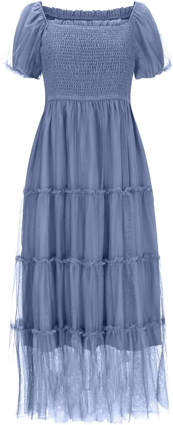 2025 Women's Smocked Midi Tulle Dress Summer Puffy Short Sleeve Square Neck Ruffle Dress Wedding Guest Party Dresses