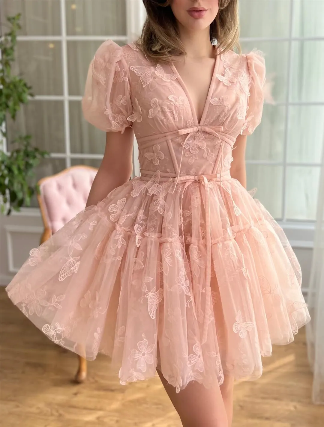 3D Butterfly Short Homecoming Dresses for Teens Tulle Lace Appliques V-Neck Tight Prom Party Cocktail Dress 2024