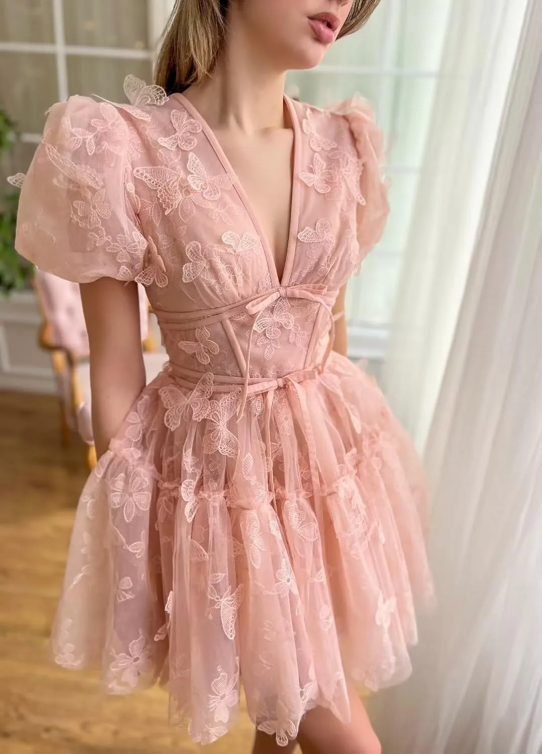 3D Butterfly Short Homecoming Dresses for Teens Tulle Lace Appliques V-Neck Tight Prom Party Cocktail Dress 2024
