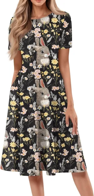 4th of July Dresses for Women midi red White and Blue Summer Dress Round Neck a line Short Sleeve Formal Dress Elegant