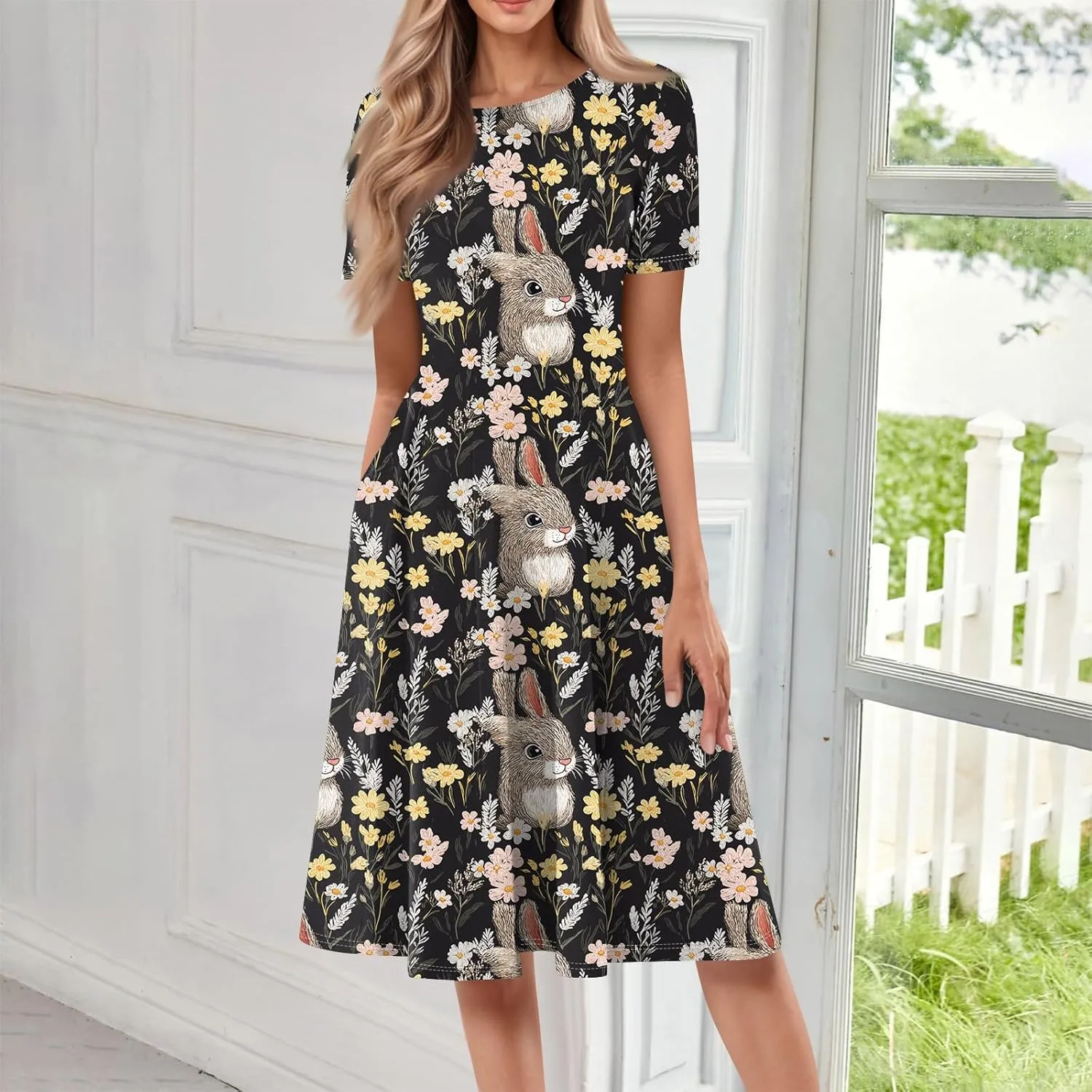 4th of July Dresses for Women midi red White and Blue Summer Dress Round Neck a line Short Sleeve Formal Dress Elegant