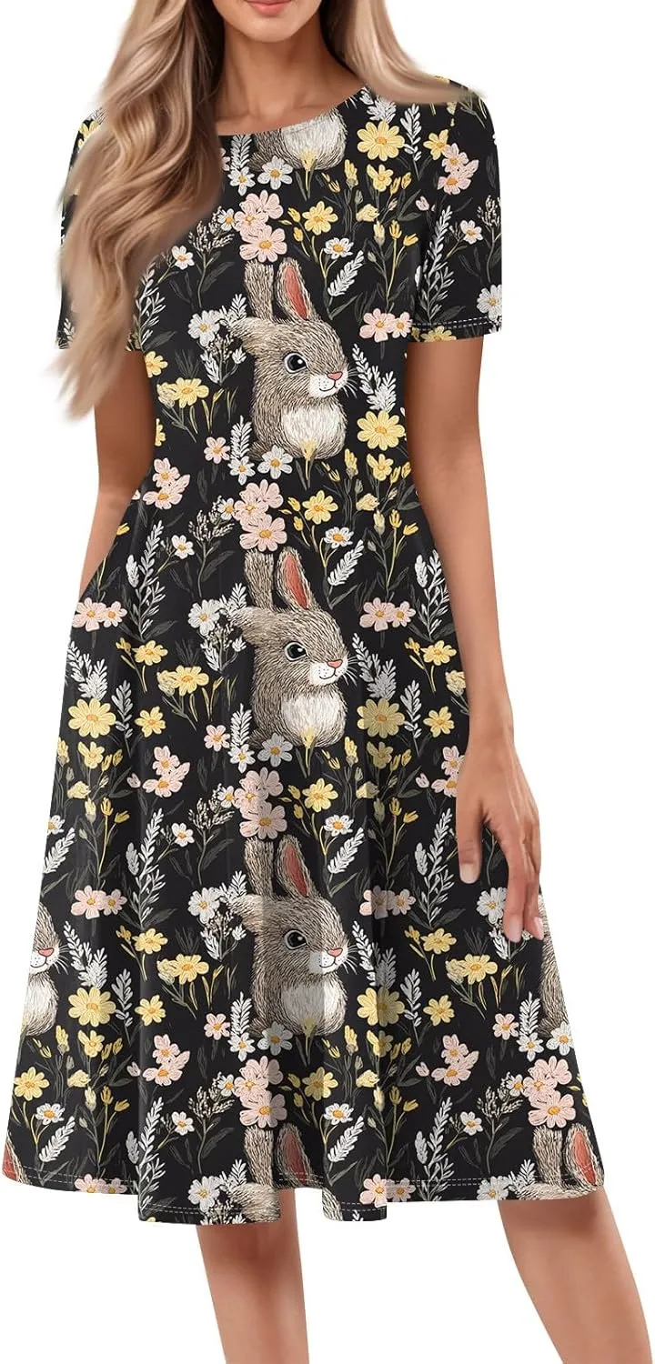 4th of July Dresses for Women midi red White and Blue Summer Dress Round Neck a line Short Sleeve Formal Dress Elegant
