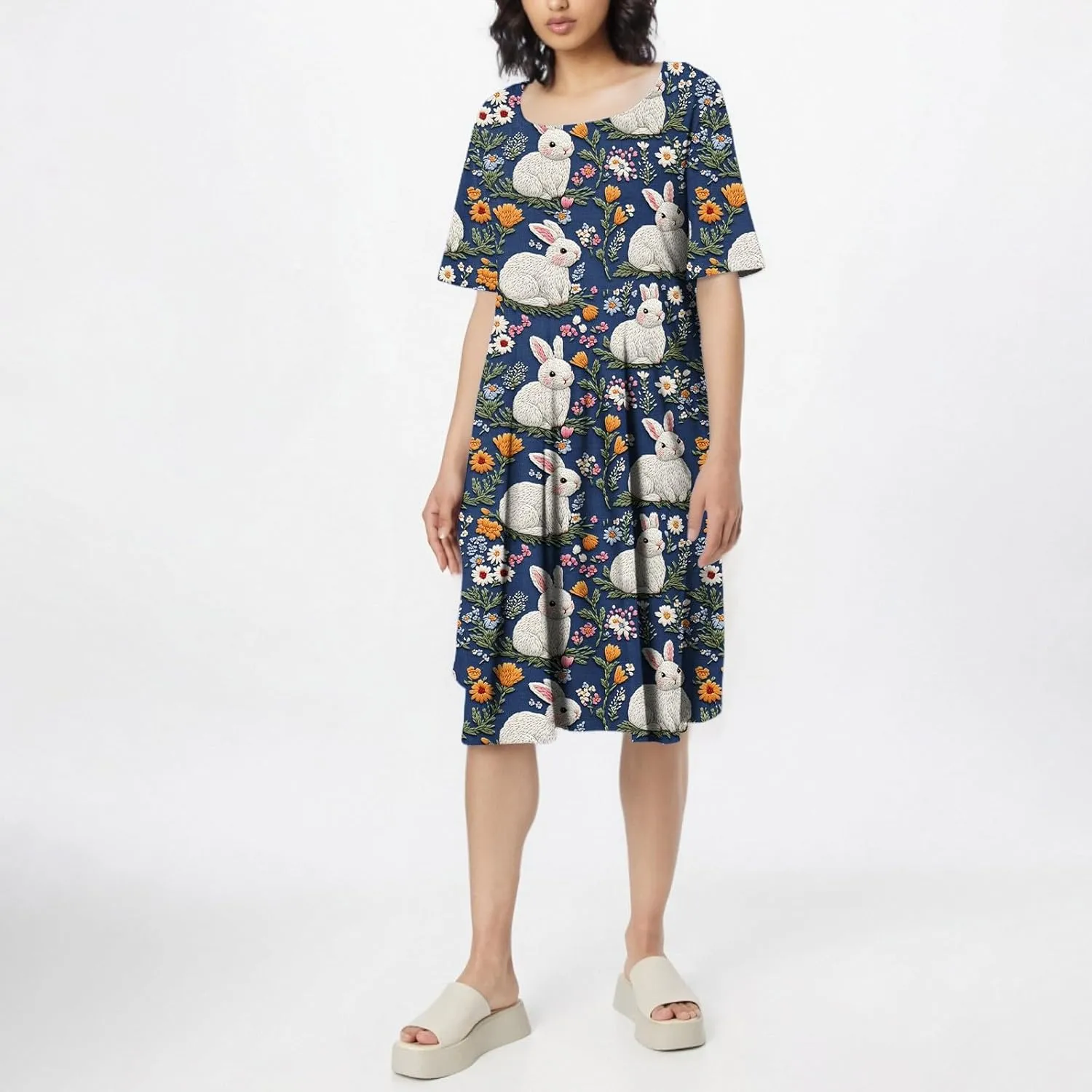 4th of July Dresses for Women midi red White and Blue Summer Dress Short Sleeve a line Round Neck Formal Dress Elegant