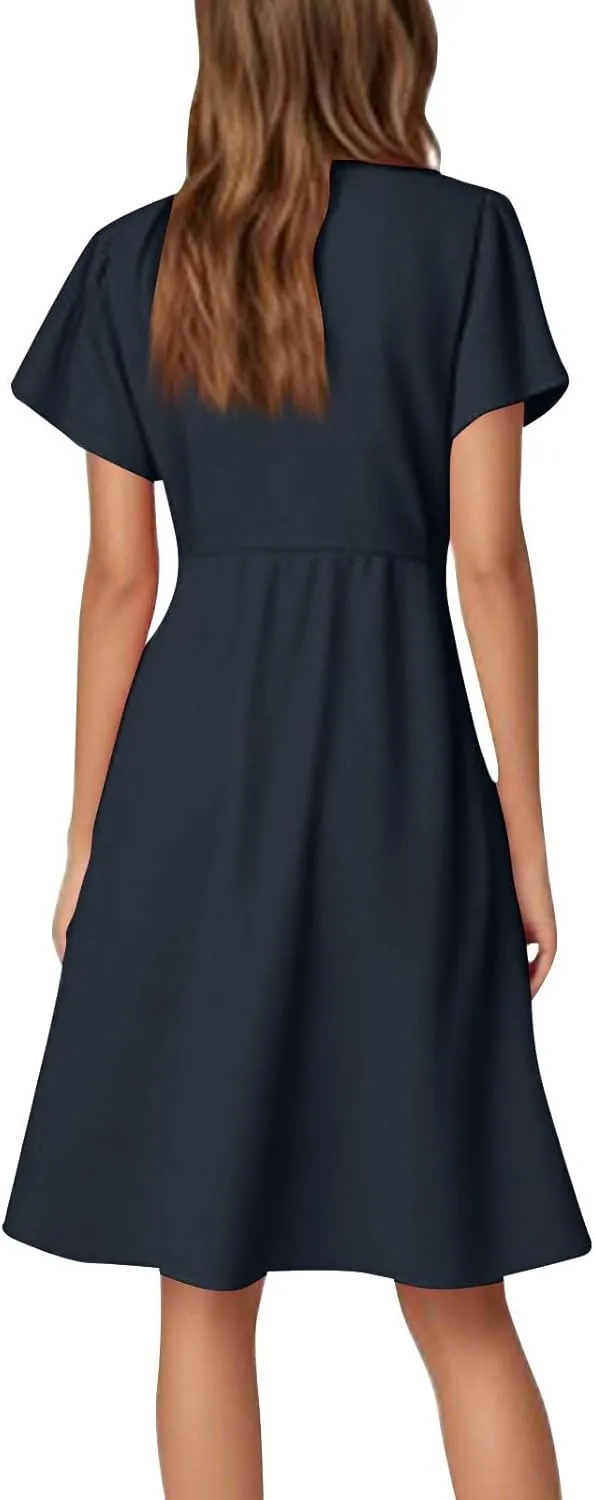 4Th of July Summer Dress for Women Formal Midi Dresses Fit and Flare V Neck Ruffle Short Sleeve Independence Day Outfit