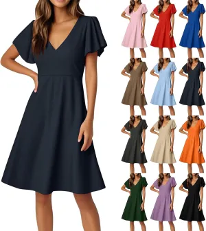 4Th of July Summer Dress for Women Formal Midi Dresses Fit and Flare V Neck Ruffle Short Sleeve Independence Day Outfit