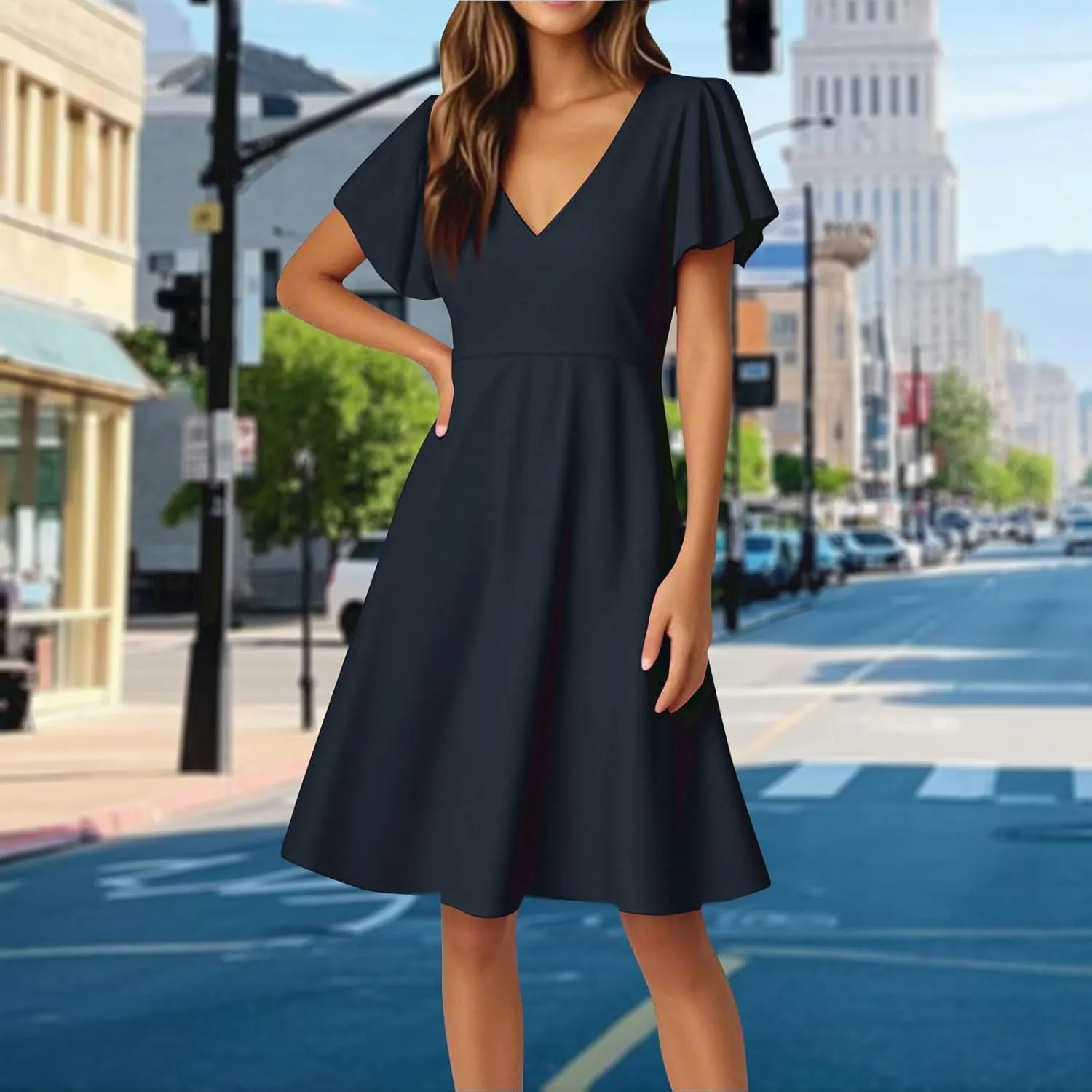 4Th of July Summer Dress for Women Formal Midi Dresses Fit and Flare V Neck Ruffle Short Sleeve Independence Day Outfit