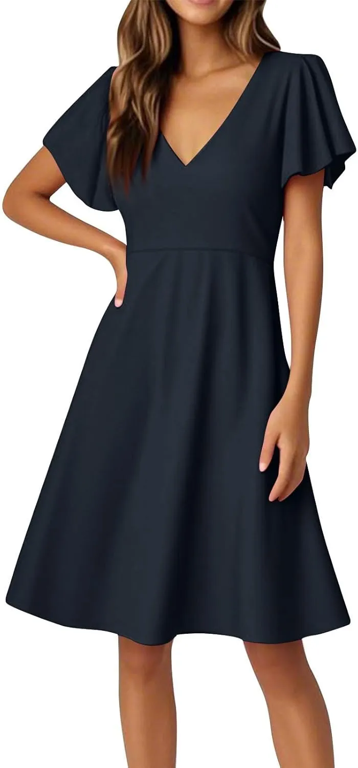 4Th of July Summer Dress for Women Formal Midi Dresses Fit and Flare V Neck Ruffle Short Sleeve Independence Day Outfit