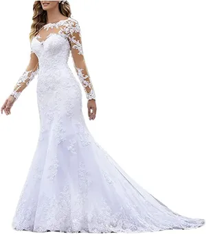 A Line Long Sleeve Wedding Dresses for Bride 2025 Lace Appliques Illusion V Neck Bridal Gown with Chapel Train DI011